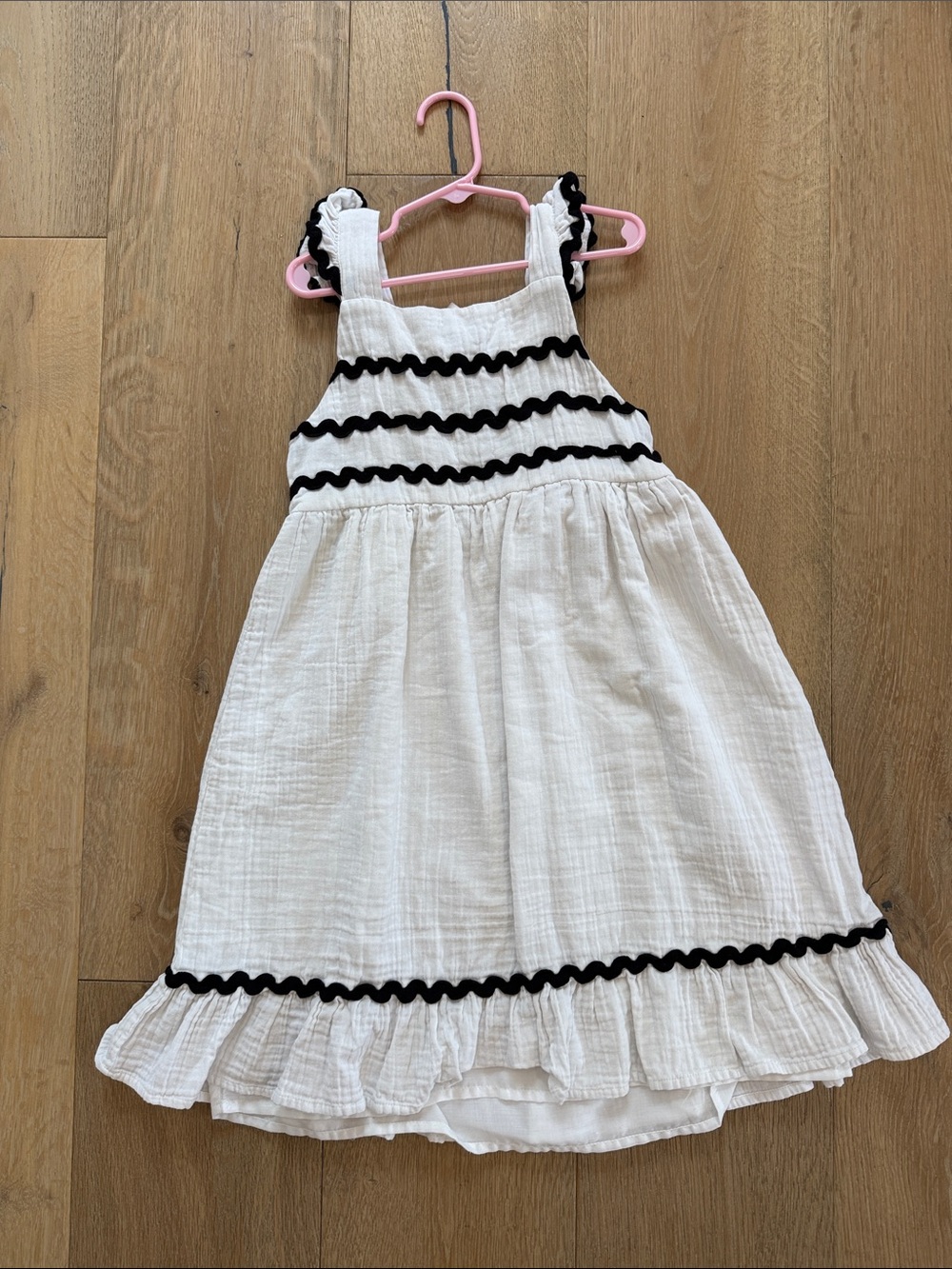 White Cotton Ruffle Kids Dress with Black Trim